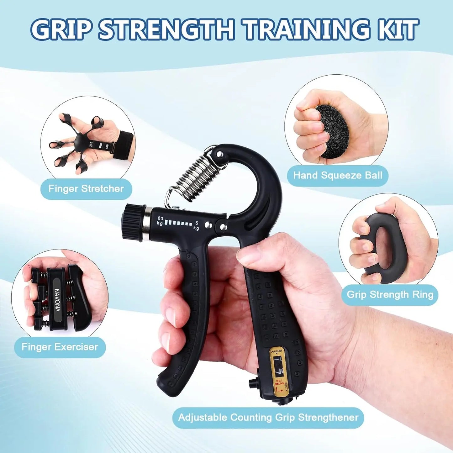 Grip Trainer Kit – Adjustable Hand Gripper, Finger & Hand Exercisers, Stress Ball and Forearm Ring for Strength Training & Injury Recovery