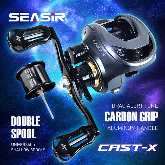SEASIR Cast-X Baitcasting Reel – 7.3:1 High-Speed Gear Ratio, Aluminum Double Spool, Carbon Grip, BFS Micro Fishing Reel for Fresh & Saltwater